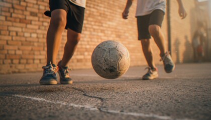 Two children playing soccer on an outdoor concrete court at golden hour. © dang