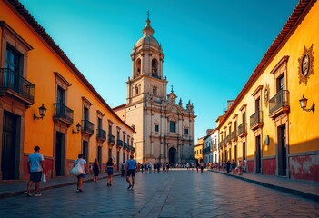 Obraz premium Spanish Colonial Church Bell Tower Courtyard Vibrant Atmosphere Historic Structure Cultural Essence