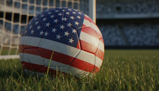 A close-up 3D render of a soccer ball featuring the United States flag design, resting on a grass field in front of a goal net.