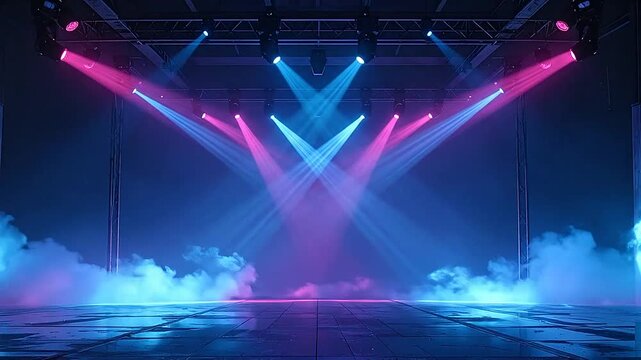 Empty concert stage with blue and pink spotlights and smoke