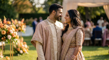 Fototapeta premium Indian couple in traditional ethnic attire smiling together at outdoor garden wedding ceremony warm golden light