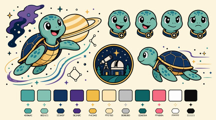 Cute Cartoon Turtle Characters in Space and Fantasy Themes. © joni