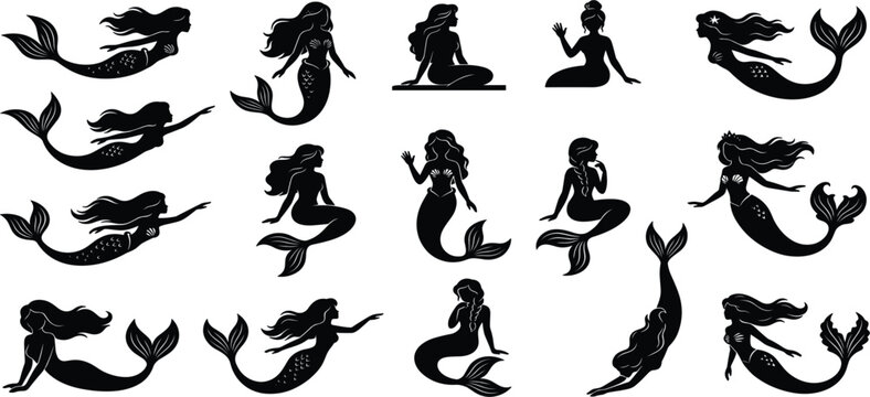 Mermaid Silhouette Vector Icon Set with Elegant Undersea Mythical Creatures for Ocean Inspired Tattoos, Logos, and Fairytale Graphic Designs