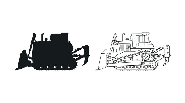 Heavy bulldozer vector silhouette and line art, industrial construction tractor icons, crawler loader machinery for earthmoving projects