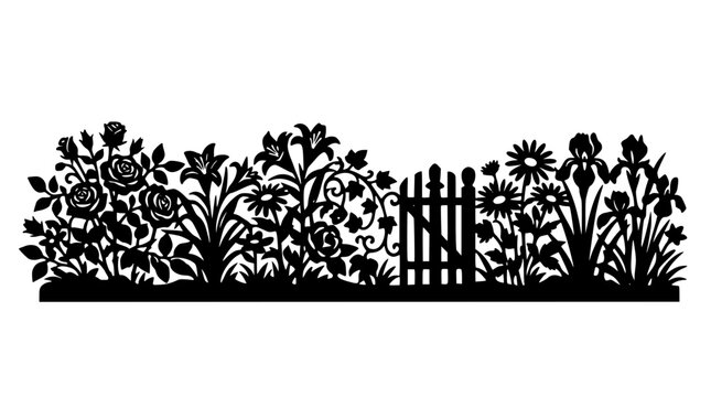 Floral garden border silhouette with gate roses lilies and daisies