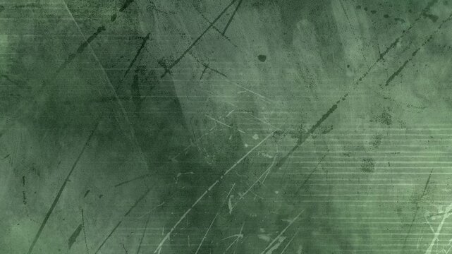 Animated dynamic background in retro abstract grunge style with grainy texture and lots of scratches, dark green color scheme, cyclic animation.