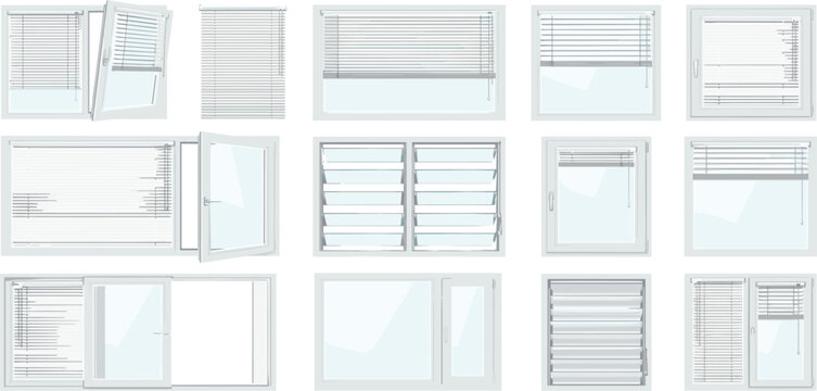 Plastic Window Frame Vector Illustration Set with Various Blinds, Jalousie, Open and Sliding Glass Architecture Design Elements