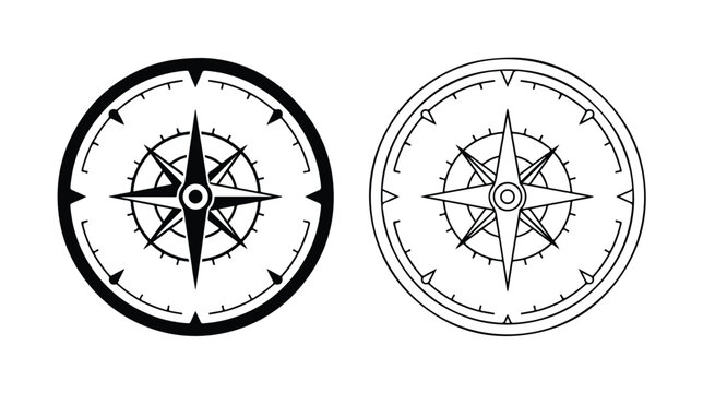 Vintage nautical compass rose vector icons, black and white wind rose navigation symbols, marine travel map orientation elements