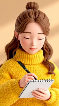 3D cartoon girl writing in notepad with pen.