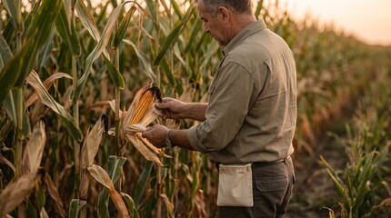 Naklejka premium Farm Consultant Inspecting Corn Ear Development Near Harvest Window