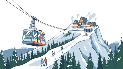Vector illustration of a cable car ascending a snowy mountain peak with hikers and a mountain village. © Oktafianto