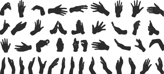 Fototapeta premium Hand vector silhouettes, detailed hand gesture set with multiple positions and signs for illustrations, logos, icons, human interaction, expression, and communication design.