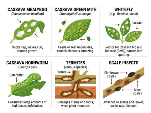 Cassava plant pests illustration showing mealybug mite whitefly hornworm termites and scale insects on leaves and stems for agricultural identification