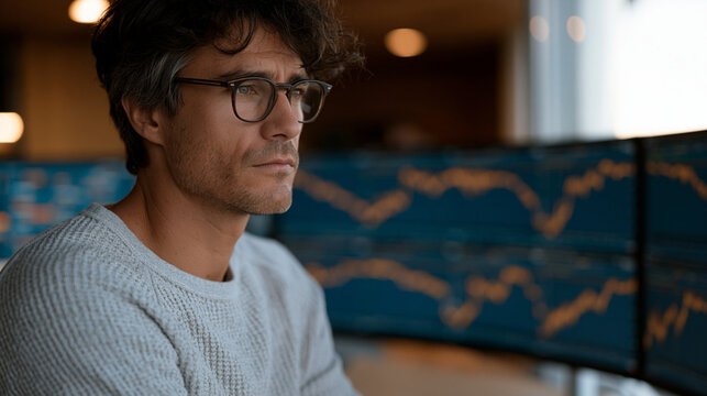 Day trader watching multiple profit loss graph animations cycle across a curved monitor array, financial volatility concept, concentrated expression candid, dark trading floor
