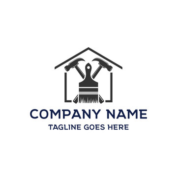 House Paint Brush Crossed Hammer Logo Vector Template