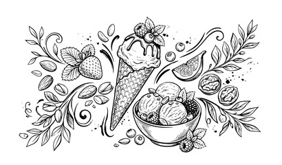 Ice cream dessert composition with fruits berries and floral decorations illustration © SobujChandra
