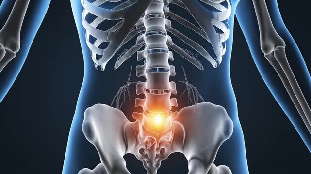 Human skeleton with highlighted spine injury