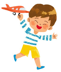 The illustration depicts a boy playing with an airplane.
