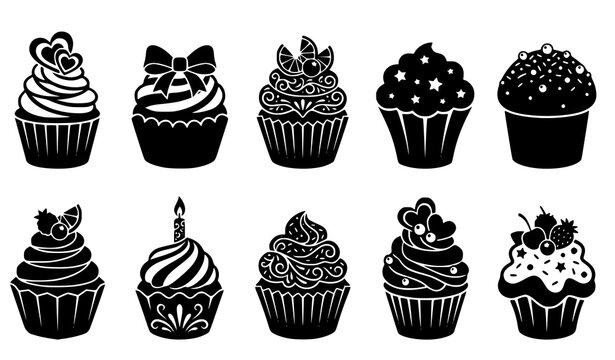 Decorative Cupcake Silhouette Collection Featuring Frosting Berries Bows And Sweet Desserts