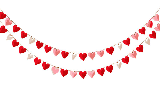Two strings of heart shaped paper garlands in red and pink colors hanging on a white background