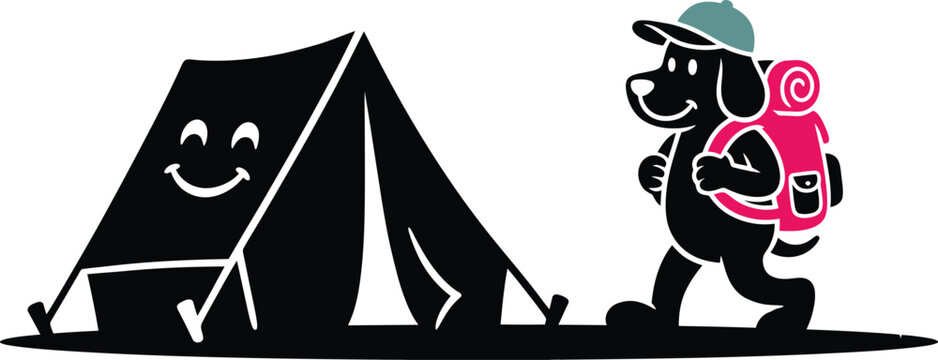 Cartoon Dog Hiking to Smiling Camping Tent Mascot Vector Illustration