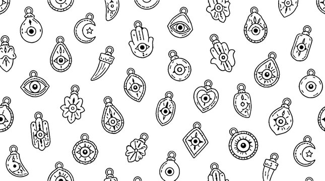 Intricate collection of symbolic charms and amulets design.