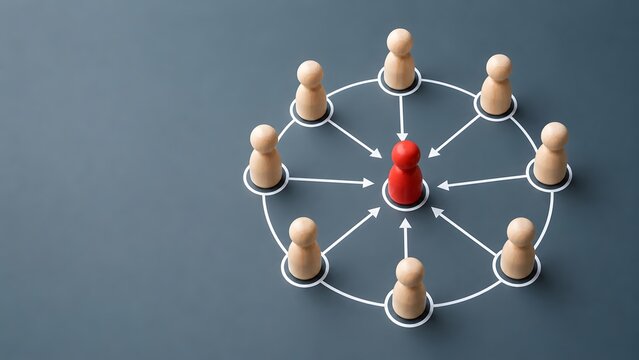 Red wooden figure in center with arrows pointing from other figures representing blame, attention, or leadership concept on dark background