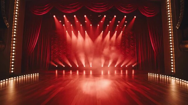 Empty theater stage with red curtains