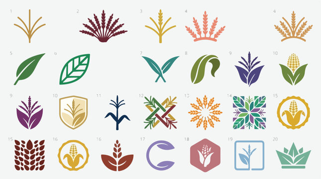 Minimalist agriculture logo set, 25 wheat and corn grain icons, organic farm branding elements, flat vector botanical symbols for food packaging