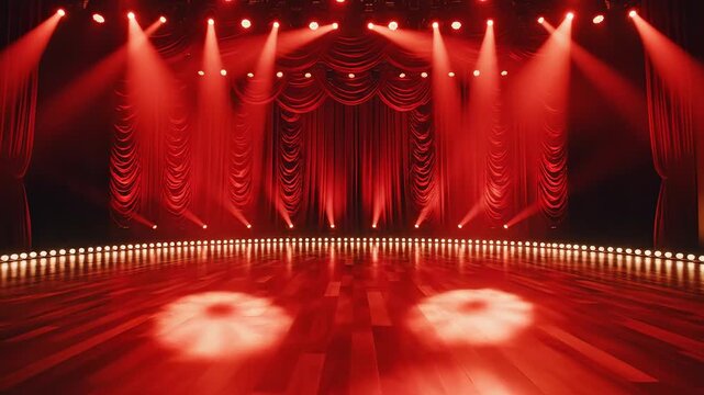 Circular stage with red curtains and lights