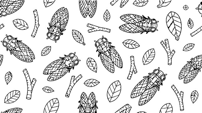 Detailed black and white cicada and leaf pattern illustration.
