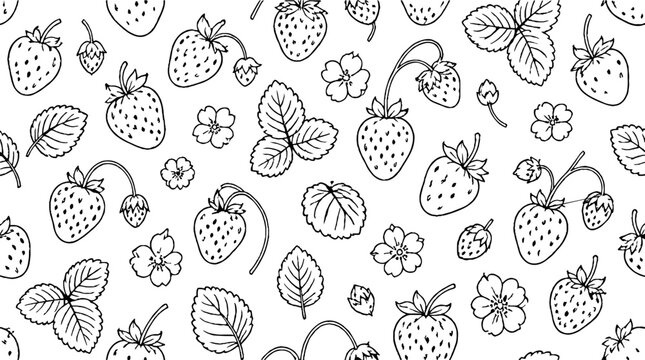 Hand drawn strawberry and leaf pattern illustration.