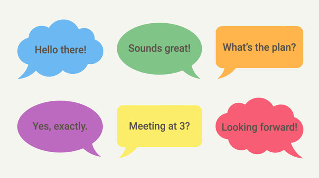 Colorful speech bubbles with friendly phrases.