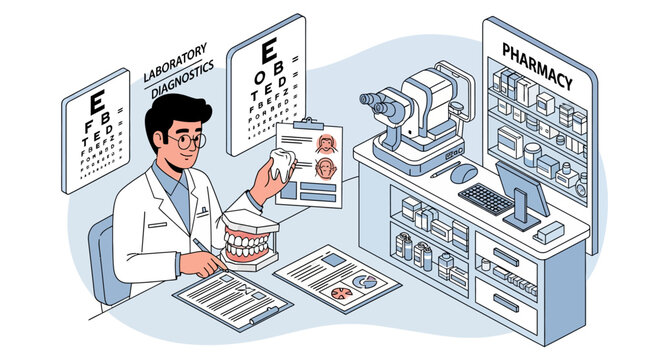 Dentist examining dental model with eye charts and pharmacy counter.