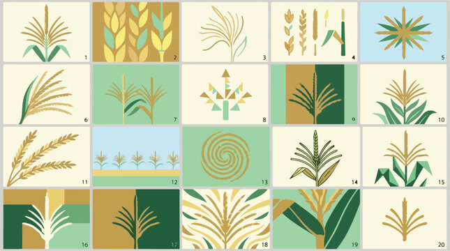 Minimalist corn and wheat icons, set of 20 geometric cereal plant illustrations, flat agricultural grain symbols for organic food branding