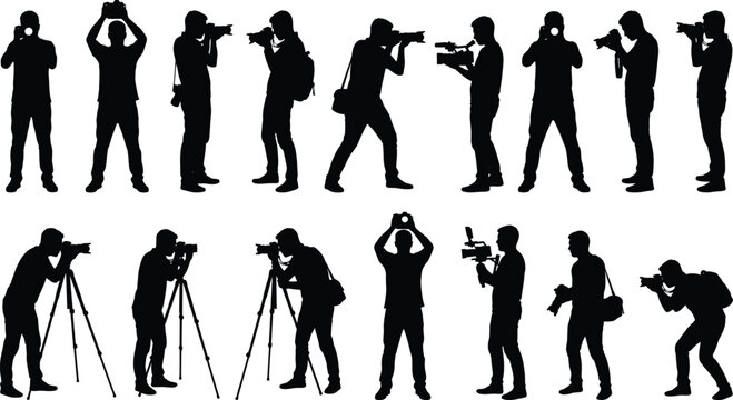 Photographer and videographer silhouette icons set with cameras and tripods, media production vector illustration