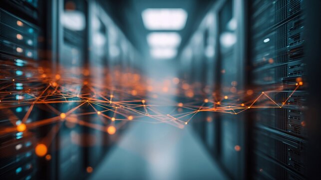 Interconnected network of glowing orange nodes and lines in a futuristic digital data center environment