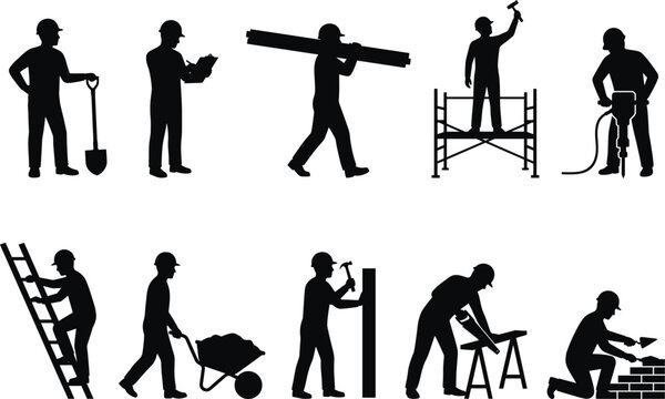 Construction worker silhouettes set with tools, builders working on site vector illustration elements