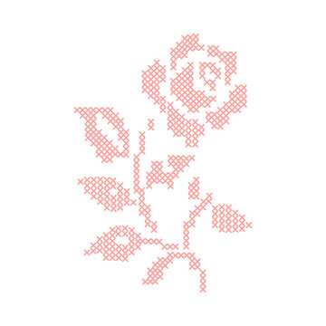 Pink cross-stitch embroidery rose flower on a stem isolated on white background. A geometric pixelated needlework floral motif for cottagecore crafts, textiles, traditional sampler patterns. Vector