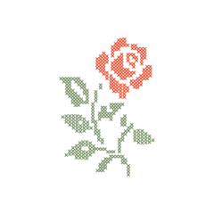 Fototapeten Pony Cross stitch embroidery rose flower on a stem isolated on white background. A geometric pixelated needlework vintage floral motif for cottagecore crafts, textiles, and traditional sampler patterns.  © millering