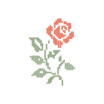 Cross stitch embroidery rose flower on a stem isolated on white background. A geometric pixelated needlework vintage floral motif for cottagecore crafts, textiles, and traditional sampler patterns.