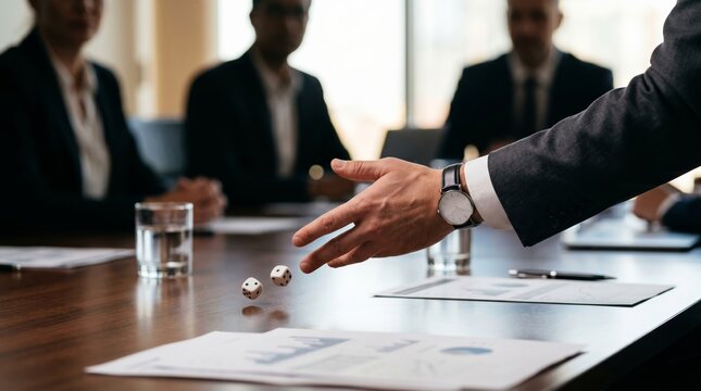 Business meeting with diverse professionals discussing strategy, a hand throwing dice on a table with documents and glasses of water in a modern conference room