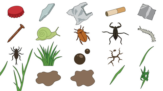 Environmental pollution and nature icons set, 20 vector elements of litter and garden wildlife, trash and insects collection for ecology infographics