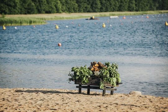Wooden bench with assorted greenery and logs placed on sandy beach near calm lake with floating buoys and lush trees in the background