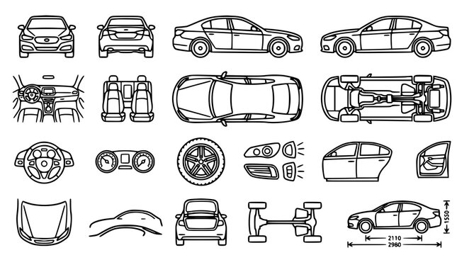 Automotive technical illustration set vehicle schematics interior components and exterior views in linear style