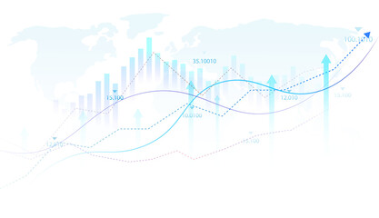 Abstract financial stock market chart with world map background, business growth graph and arrow elements for economy concept isolated on transparent PNG. © HS 360
