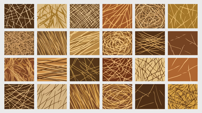 Natural straw texture set, 24 organic hay and dried grass vector patterns, brown rustic thatch backgrounds for agricultural design