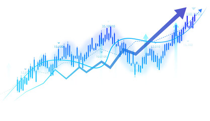 Obraz premium Financial stock trading market growth graph on transparent PNG background with candlestick bars, bullish arrows, and business concept indicators. 