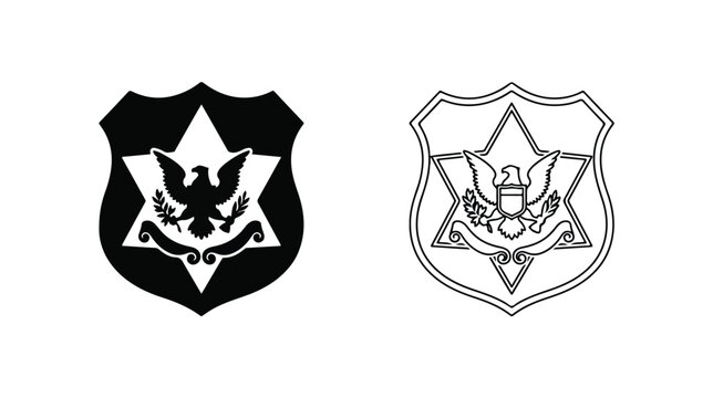 Police badge vector icons with eagle and star, sheriff shield emblem set, law enforcement security symbols in black and white line art