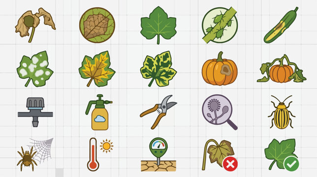 Garden pest control and plant disease icons, 20 gardening vector elements, agriculture health and crop protection symbols for farming apps